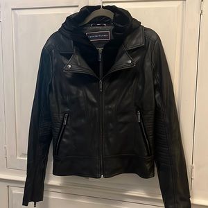 Stellar hooded, FAUX leather jacket with double zipper